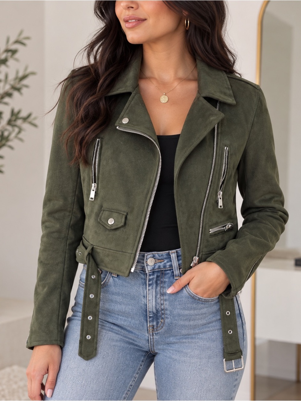 Zara Olive Green Faux Suede Moto Jacket Cropped Belted Biker Size M